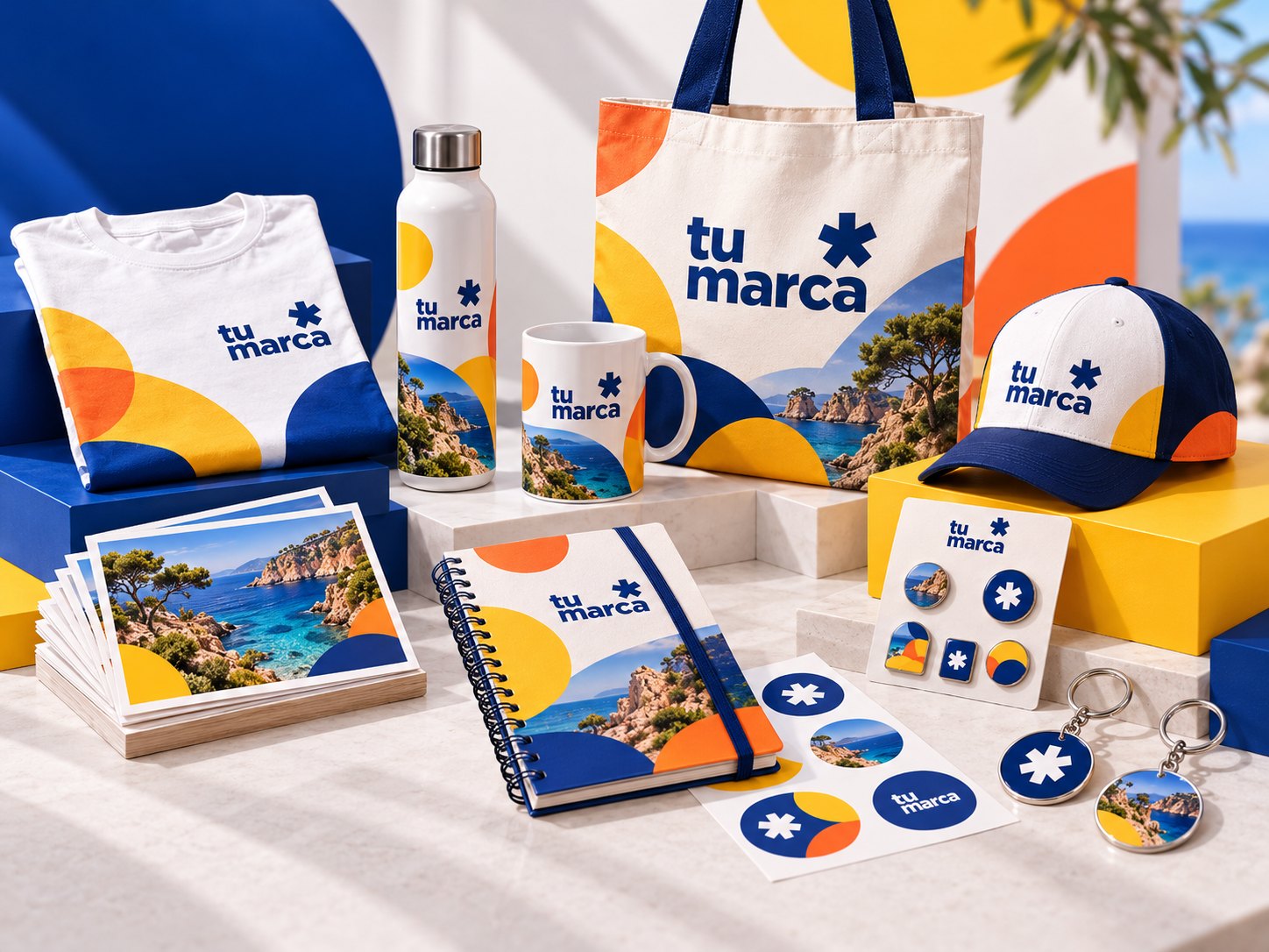 Colección de souvenirs con identidad compartida inspirada en un destino de costa: playera, termo, taza, tote bag, gorra, libreta, postales, pines y llaveros