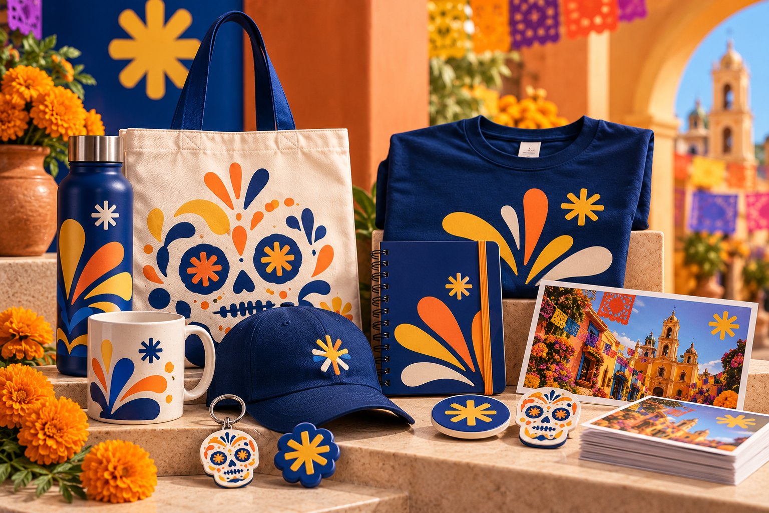 Colección de souvenirs con identidad compartida inspirada en una temporada festiva: tote bag, termo, taza, playera, gorra, libreta, llaveros y postales
