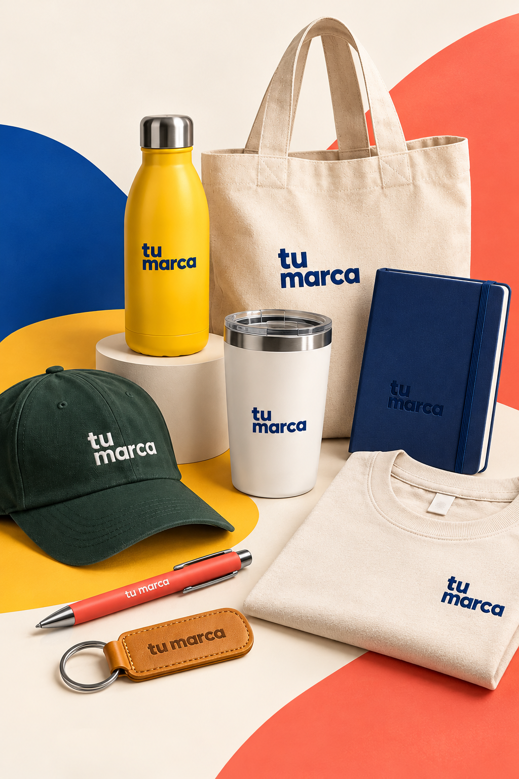 Botella, tote bag, vaso térmico, libreta, gorra, playera, pluma y llavero personalizados con tu marca