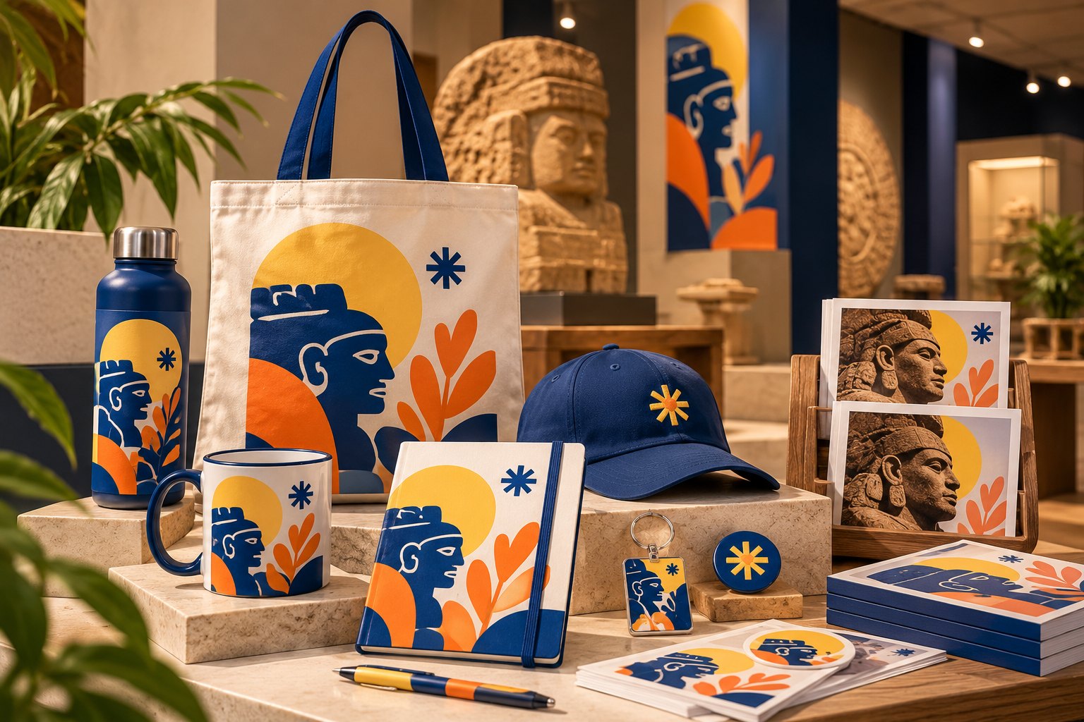 Colección de souvenirs con identidad compartida inspirada en una exposición de museo: tote bag, termo, taza, libreta, gorra, postales, llavero y pin