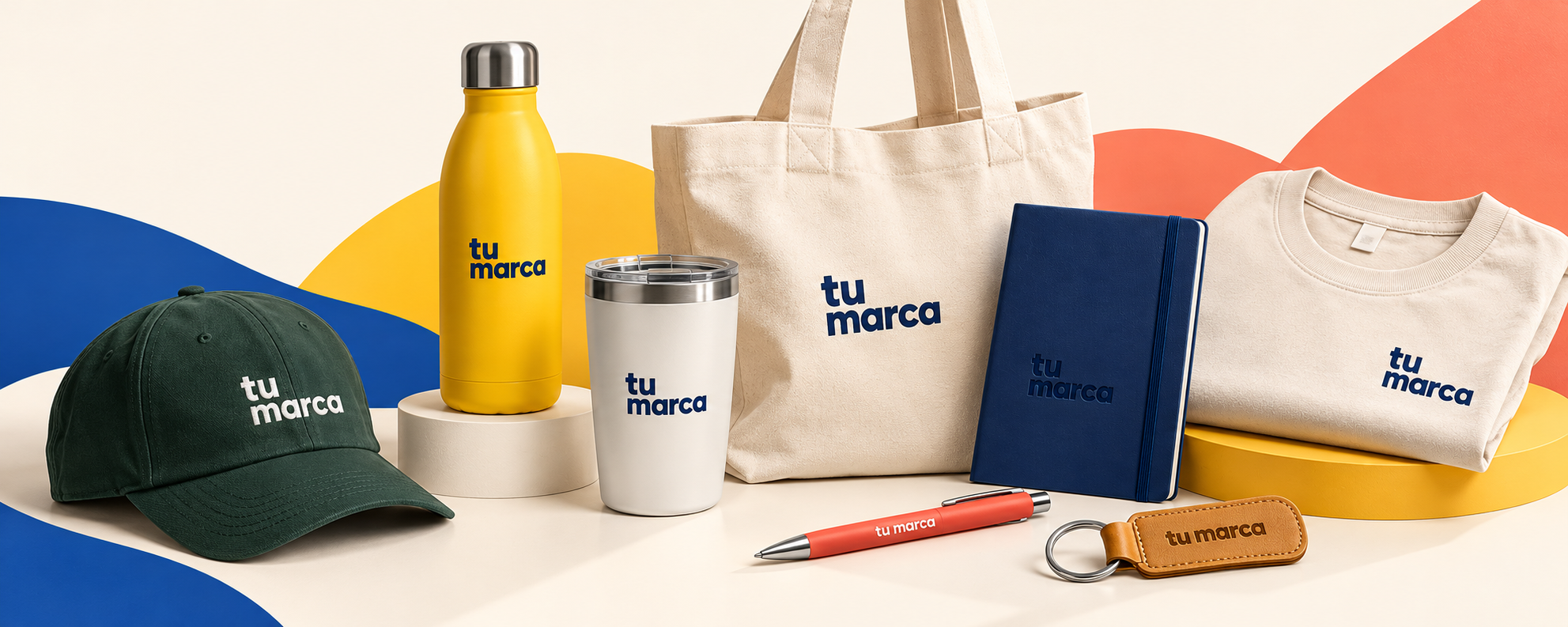 Gorra, botella, termo, tote bag, libreta, playera, pluma y llavero personalizados con tu marca