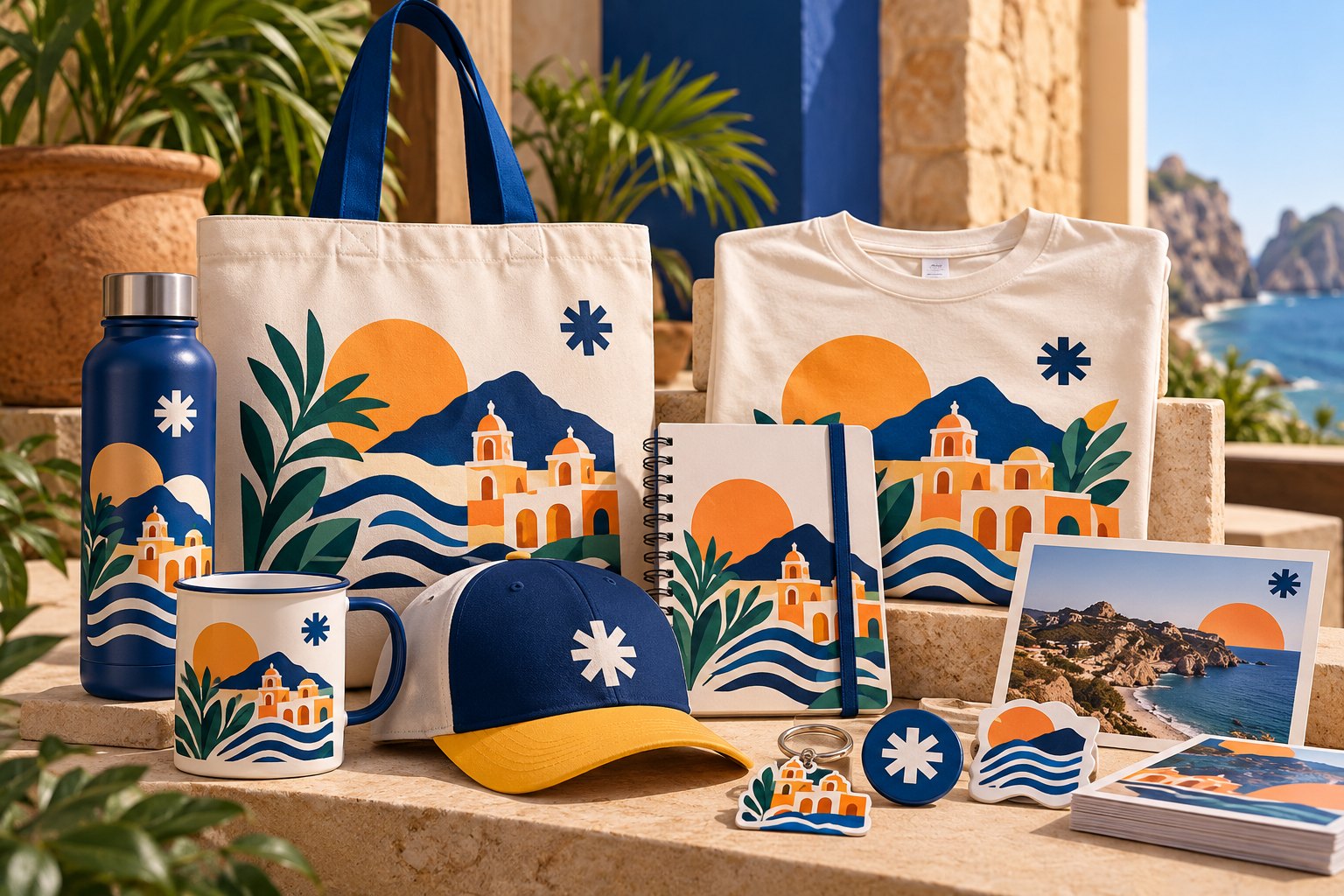 Colección de souvenirs con una misma identidad visual: tote bag, playera, termo, taza, gorra, libreta, postales, stickers, pin y llavero