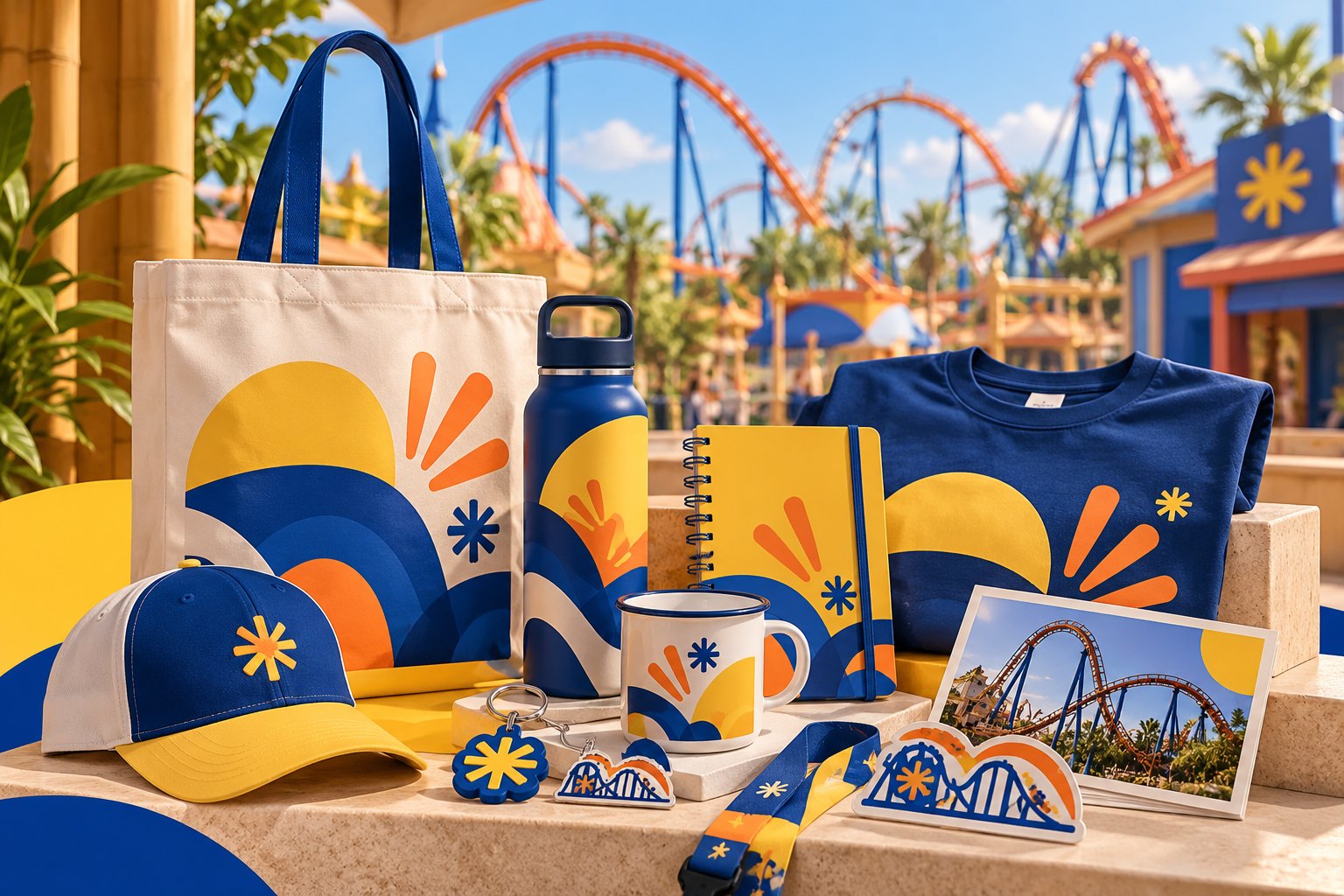 Colección de souvenirs con identidad compartida inspirada en un parque de diversiones: tote bag, termo, playera, gorra, libreta, taza, llaveros y postales