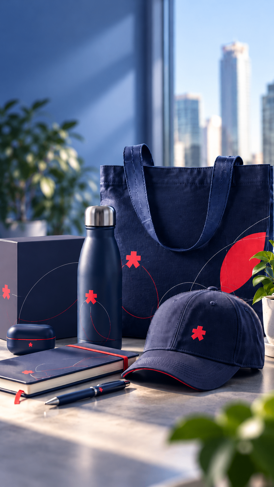 Kit de promocionales Bonito Impresos: bolsa de tela, gorra, botella térmica, caja, libreta, bolígrafo y estuche de auriculares con logotipo