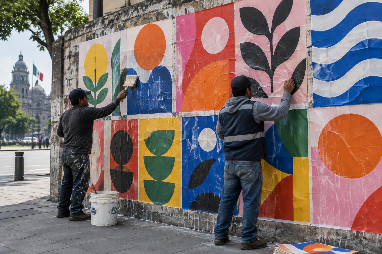 Colocación de carteles urbanos de papel con brocha y engrudo sobre un muro autorizado