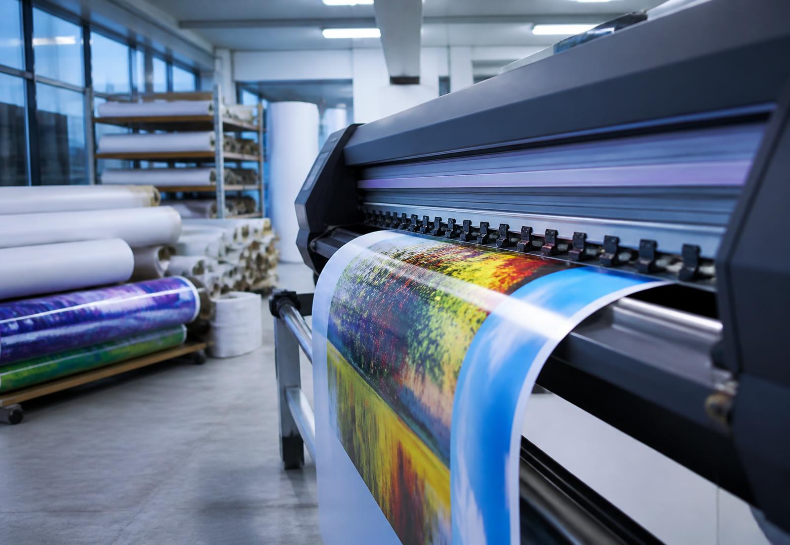 Impresora de gran formato produciendo un rollo de vinil impreso a color
