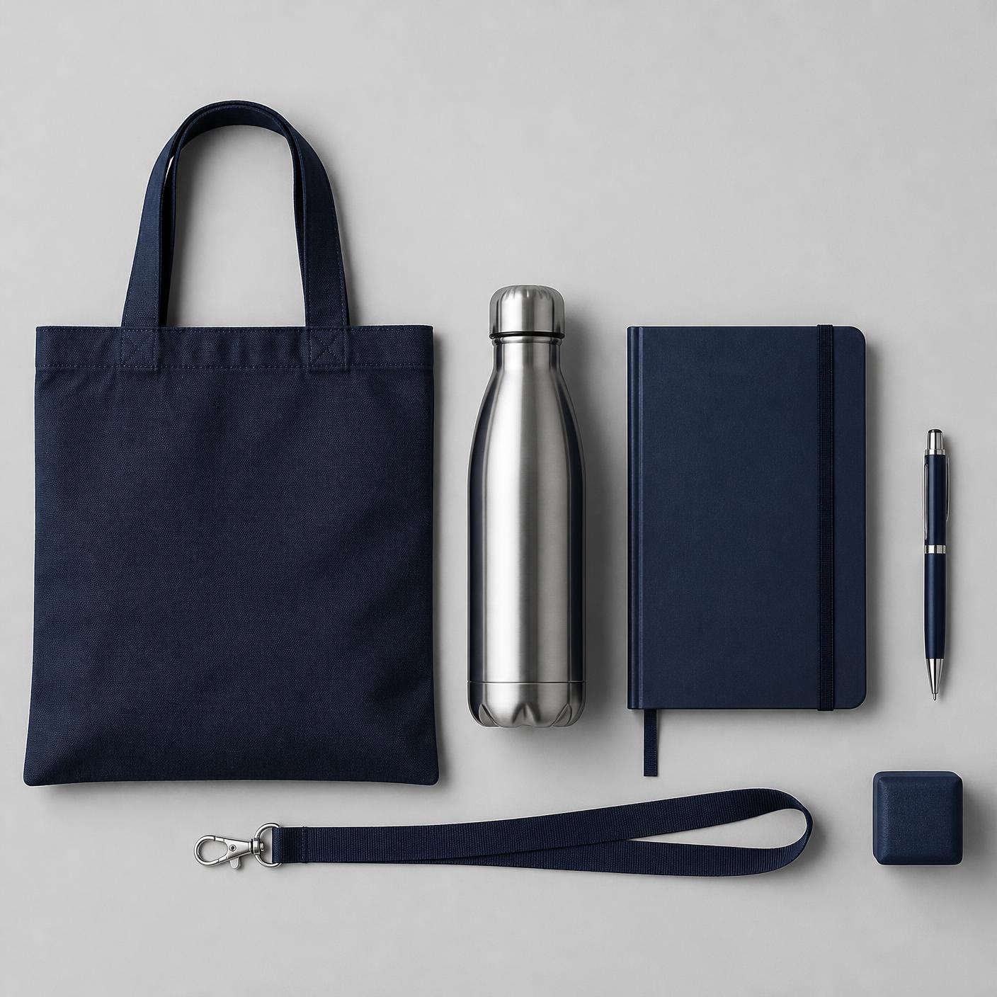 Kit promocional personalizado con tote bag, cilindro, libreta, pluma y lanyard